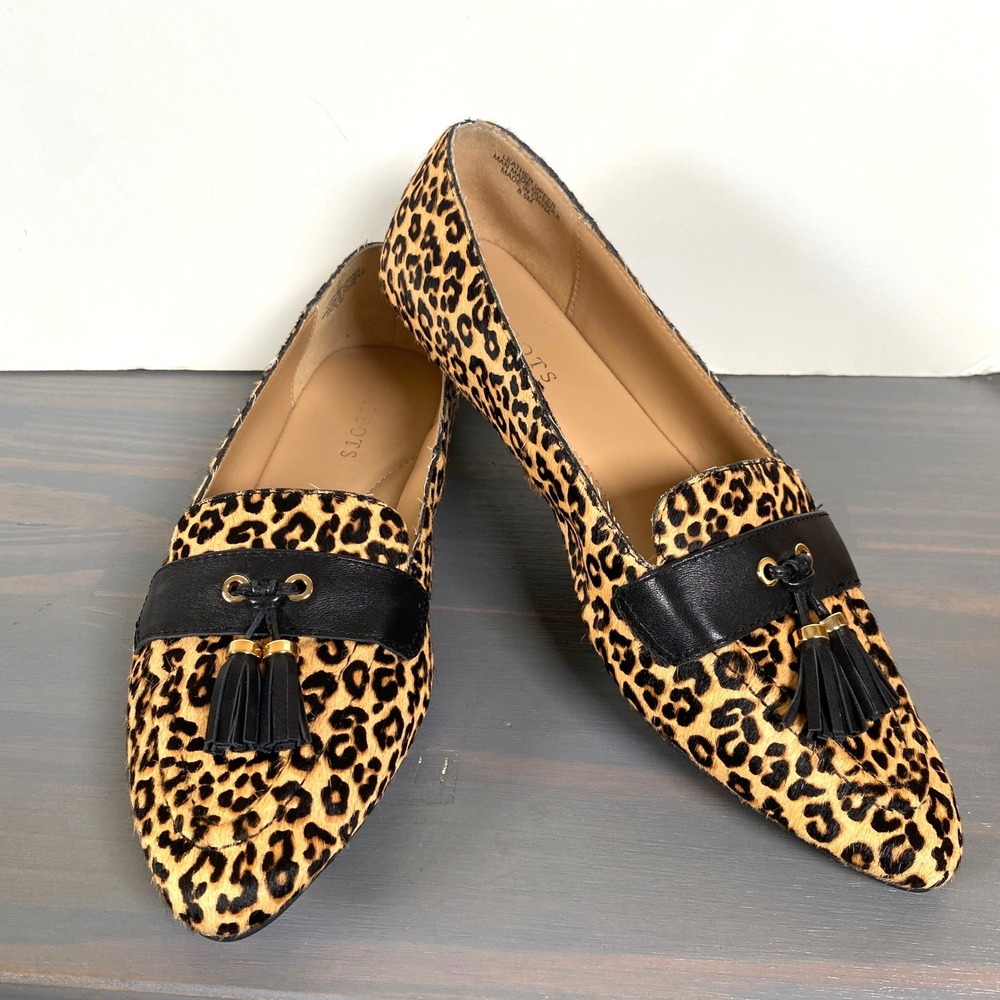 Talbots Leopard Print Calf Hair Tassel Loafers Flats Women 8.5M Tan Pointed Toe